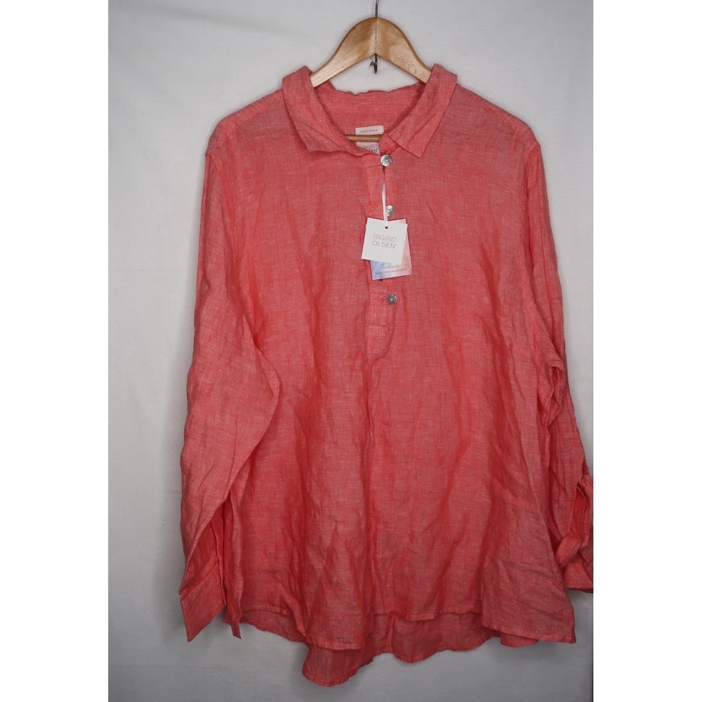 Sigrid Olsen 100% Linen Blouse‎ Womens 3X Coral Button Tunic Resort Boho NWT